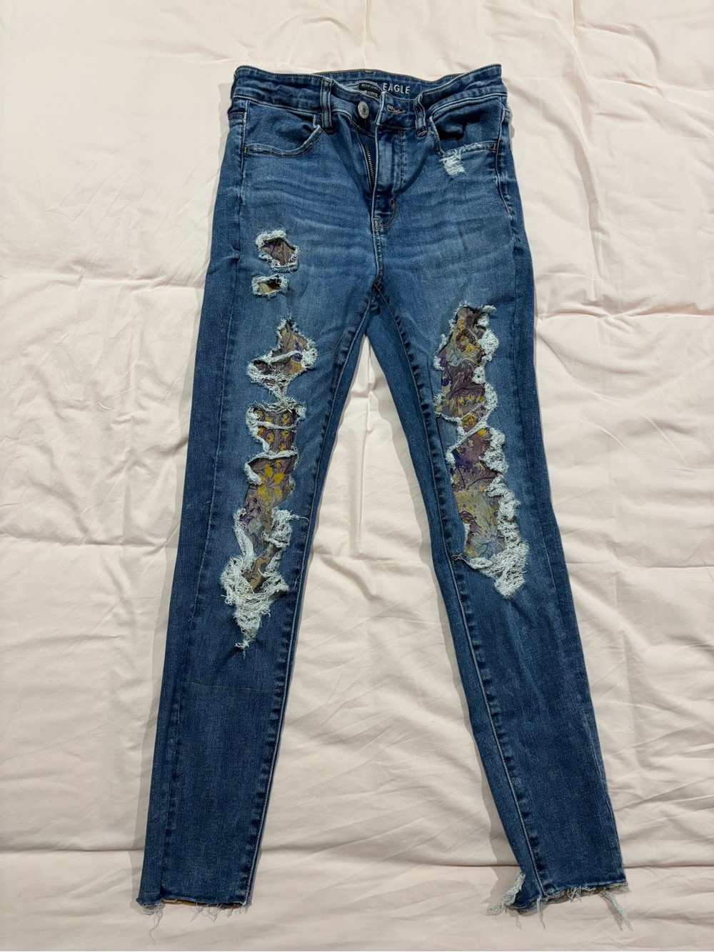 American Eagle Outfitters Dark Blue Distressed Skinny Jeans with Floral Underlay